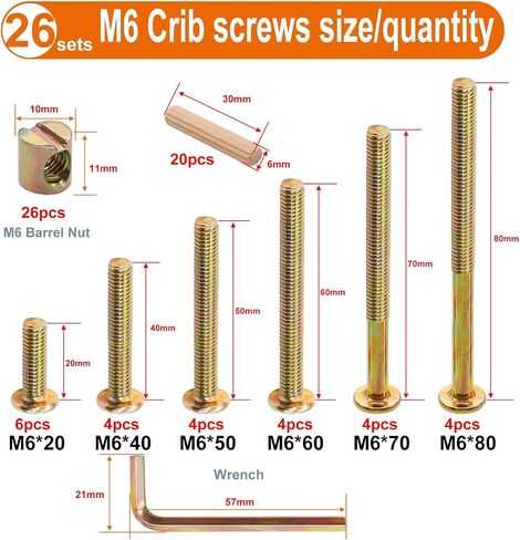 weideer 16 Set Crib Screws Hardware Replacement Kit Baby Bed Frame Bolts M6x20mm/ 40mm/ 60mm/ 80mm Hex Drive Socket Cap Screws Barrel Nuts Wooden Dowel Kit for Beds Chairs Furniture in Saudi Arabia