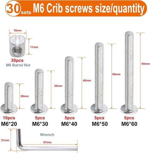 weideer 16 Set Crib Screws Hardware Replacement Kit Baby Bed Frame Bolts M6x20mm/ 40mm/ 60mm/ 80mm Hex Drive Socket Cap Screws Barrel Nuts Wooden Dowel Kit for Beds Chairs Furniture in Saudi Arabia