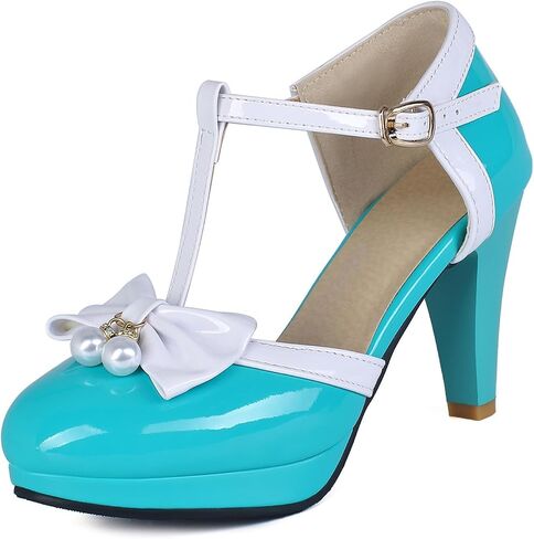 Elbslutt Women's Cute Retro Rockabilly Shoes T Strap Mary Janes Heels Chunky Cosplay Shoes Sweet Block Heeled Bow Pumps in Saudi Arabia