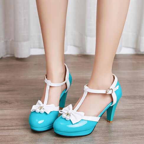 Elbslutt Women's Cute Retro Rockabilly Shoes T Strap Mary Janes Heels Chunky Cosplay Shoes Sweet Block Heeled Bow Pumps in Saudi Arabia