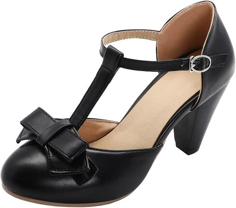 Elbslutt Women's Cute Retro Rockabilly Shoes T Strap Mary Janes Heels Chunky Cosplay Shoes Sweet Block Heeled Bow Pumps in Saudi Arabia