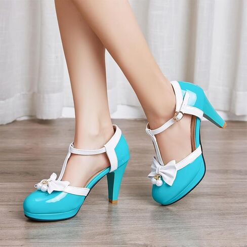 Elbslutt Women's Cute Retro Rockabilly Shoes T Strap Mary Janes Heels Chunky Cosplay Shoes Sweet Block Heeled Bow Pumps in Saudi Arabia