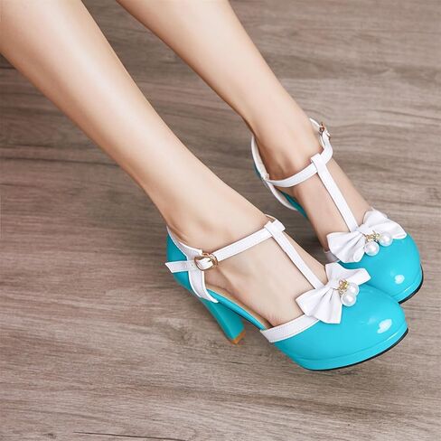 Elbslutt Women's Cute Retro Rockabilly Shoes T Strap Mary Janes Heels Chunky Cosplay Shoes Sweet Block Heeled Bow Pumps in Saudi Arabia