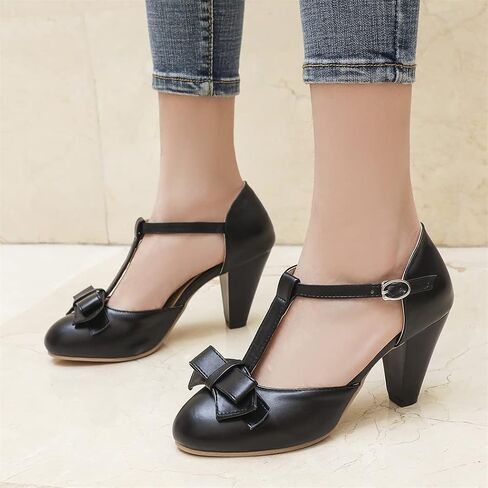 Elbslutt Women's Cute Retro Rockabilly Shoes T Strap Mary Janes Heels Chunky Cosplay Shoes Sweet Block Heeled Bow Pumps in Saudi Arabia