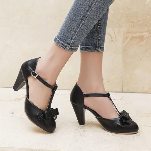 Elbslutt Women's Cute Retro Rockabilly Shoes T Strap Mary Janes Heels Chunky Cosplay Shoes Sweet Block Heeled Bow Pumps in Saudi Arabia