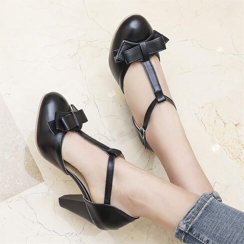 Elbslutt Women's Cute Retro Rockabilly Shoes T Strap Mary Janes Heels Chunky Cosplay Shoes Sweet Block Heeled Bow Pumps in Saudi Arabia