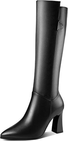 TinaCus Women's Genuine Leather Handmade Pointed Toe Side Zip Up Knee High Boots with Spool Heel in Saudi Arabia