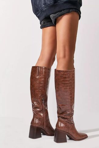 MUCCCUTE Knee High Boots for Women - Square Toe Chunky Block Heel Boots with Side Zipper Pull On PU Long Boots Brown Crocodile Pattern US Size 6 in Saudi Arabia
