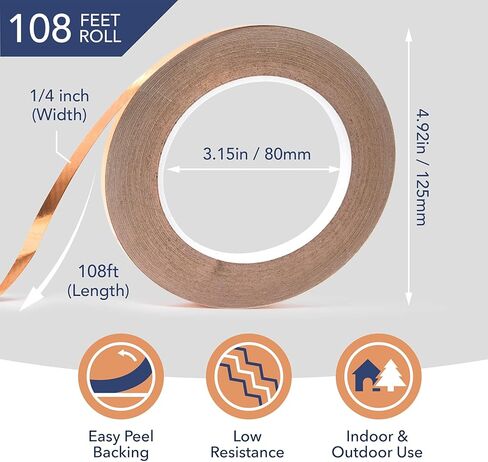 شريط كرافتكس النحاسي [1/4 بوصة × 108 قدم، عبوة من قطعتين]. يُستخدم اللاصق الموصل للشريط النحاسي كشريط رقائق نحاسية للزجاج الملون، أو شريط نحاسي للبزاقات، أو شريط حماية نحاسي للجيتار أو شريط فاراداي. in Kuwait