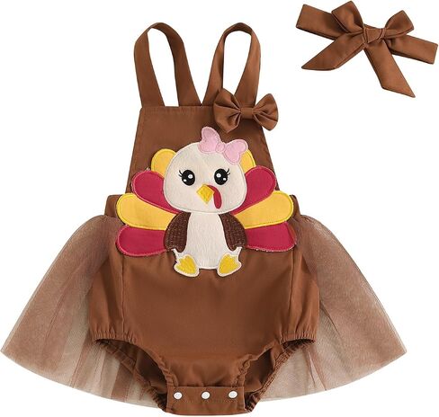 Karuedoo Thanksgiving Baby Girl Clothes Turkey Applique Sleeveless Tulle Tutu Romper Dress Backless Bodysuit with Headband in Saudi Arabia