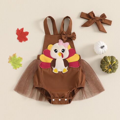 Karuedoo Thanksgiving Baby Girl Clothes Turkey Applique Sleeveless Tulle Tutu Romper Dress Backless Bodysuit with Headband in Saudi Arabia