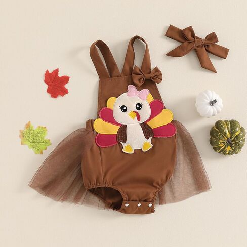 Karuedoo Thanksgiving Baby Girl Clothes Turkey Applique Sleeveless Tulle Tutu Romper Dress Backless Bodysuit with Headband in Saudi Arabia