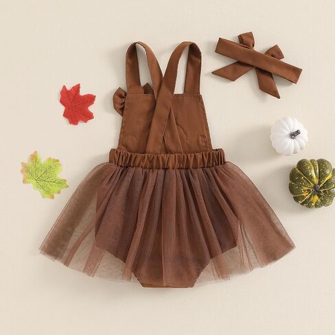 Karuedoo Thanksgiving Baby Girl Clothes Turkey Applique Sleeveless Tulle Tutu Romper Dress Backless Bodysuit with Headband in Saudi Arabia