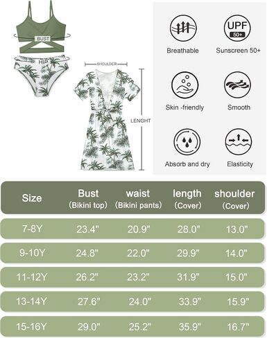 Oranchids Girls Swimsuit 3 Piece Tropical Print Bikini Set Criss Cross Bathing Suit with Drawstring Quick Dry Cover Up 7-16Y in Saudi Arabia