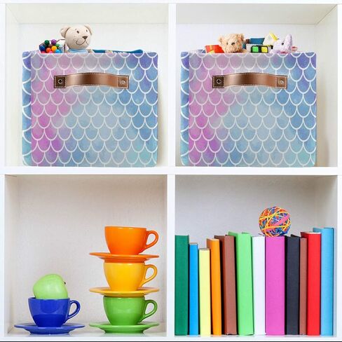 Sea Mermaid Scales Storage Basket Bins Large Fabric Storage Cube Box with Handles Collapsible Closet Shelf Cloth Organizer Basket Decorative 2 Pack for Shelves Kids Nursery Bedroom Bathroom in Saudi Arabia
