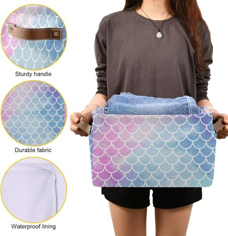 Sea Mermaid Scales Storage Basket Bins Large Fabric Storage Cube Box with Handles Collapsible Closet Shelf Cloth Organizer Basket Decorative 2 Pack for Shelves Kids Nursery Bedroom Bathroom in Saudi Arabia
