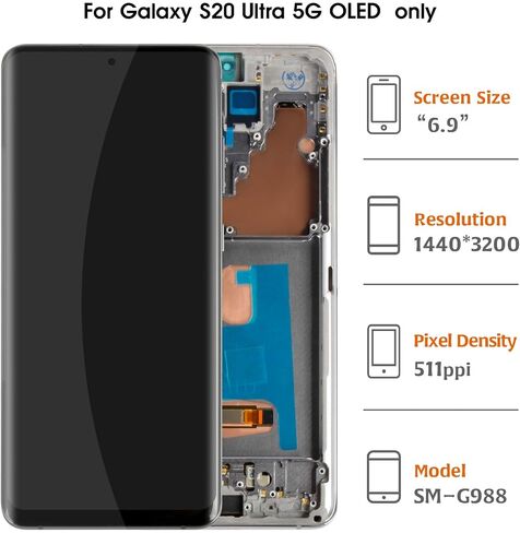 S20 Ultra 4G/5G G988 OLED LCD Display with Fingerprint 6.78" [NOT OEM] Touch Digitizer Assembly for Samsung Galaxy S20 Ultra SM-G988B/U/W/B/DS LCD Screen Replacement Kit+Cosmic Black Frame in Saudi Arabia