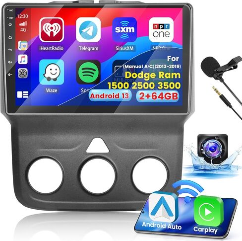 راديو ستيريو للسيارة 2+64G Android 13 CarPlay لسيارة Dodge Ram 1500 2500 3500 2013-2019 (مكيف هواء يدوي)، شاشة لمس عالية الدقة 9 بوصة مع Android Auto، كاميرا احتياطية AHD، وصلة مرآة، GPS، WiFi، FM RDS in Kuwait