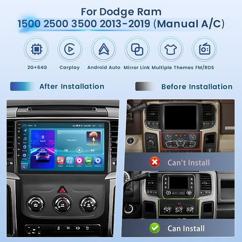 راديو ستيريو للسيارة 2+64G Android 13 CarPlay لسيارة Dodge Ram 1500 2500 3500 2013-2019 (مكيف هواء يدوي)، شاشة لمس عالية الدقة 9 بوصة مع Android Auto، كاميرا احتياطية AHD، وصلة مرآة، GPS، WiFi، FM RDS in Kuwait