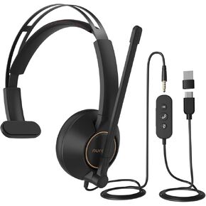 NUROUM HP11SU USB Headset with Microphone for PC, Single-Ear Headphones with ENC Boom Mic, Wired Computer Headset with Inline Control, USB A/Type-C/3.5mm for Work/Home Office/Call Center Zoom/Teams