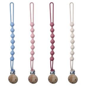 Silicone Pacifier Clip Holder with One Piece Beads Design Soft Flexible Binky Clips for Baby Boys and Girls, 4 Pack Pacifier Clip for Baby Newborn Essentials, Teething Relief