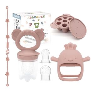Baby Fruit Feeder & Mini Freezer Tray Combo - Baby Teether, Breastmilk Popsicle Molds for Teething Relief, Fresh Food Feeder for Safe Infant Self-Feeding, Extra Food Pouches(Pink)