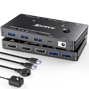 مفتاح KVM 1 شاشات 2 جهاز كمبيوتر 4K@144 هرتز 8K@60 هرتز، محول HDMI USB3.0 KVM مع 3 منافذ USB 3.0، جهاز تحكم عن بعد سلكي، محول طاقة وكابلات USB3.0 متضمنة (8K 2 PC 1 شاشة KVM)