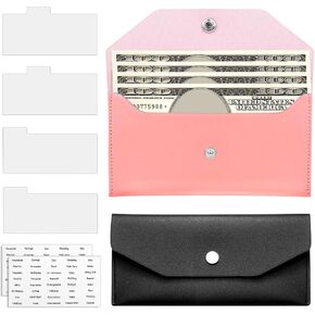 2 pieces Cash Wallet,money holder for Budgeting Money Holder for Cash,Pu Leather Money Wallet,Cash Holder with Cash Envelope Tab,Cash Wallets for Women,Reusable for Cash Check Billing（Pink/Black）
