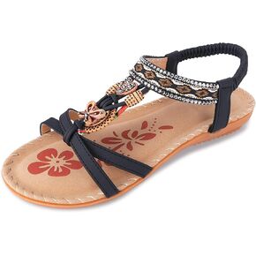 Women's Flats Sandals Summer Bohemian Beaded Dress Shoes Comfort with Elastic Ankle Strap Women Flats Open Toe Sandal