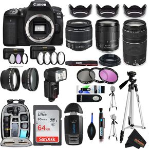 Canon EOS 90D DSLR Camera with Three Lens Bundle - 18-135mm Lens + 75-300mm III Lens + EF 18-55mm Lens and Sunshine Advanced Bundle (International Version) (Renewed)