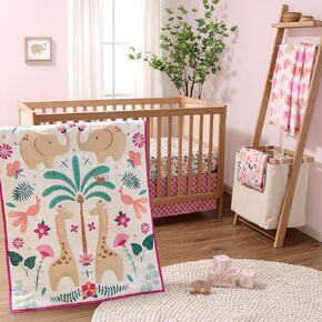 The Peanutshell Baby Crib Bedding Set for Girls, 5 Pieces, Elephant, Giraffe, Pink Floral, Safari Nursery Decor, Crib Comforter Set