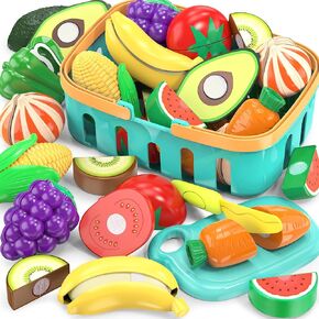 Cutting Play Food Toy For Multiple Kids with 2 Colors Storage Baskets(Purple&blue), 115 pcs Fake Food/Fruit/Vegetable for Toddler Pretend Kitchen Accessories, Boy Girl Classroom Learning/Birthday Gift