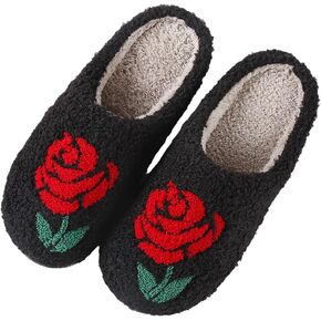 Women's Plush Warm Rose Flowers Slippers Cute Slip-on Cozy Fuzzy House Cotton Slippers