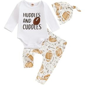 Newborn Baby Boy Football Outfit Rugby Long Sleeve Romper Bodysuit Elastic Pants Set Beanie Hat 3Pcs Fall Clothes (White, 6-12 Months)