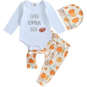 3Pcs Baby Boys Halloween Outfit Long Sleeve Crew Neck Pumpkin Letters Print Romper Pants Set and Hat Clothes Set