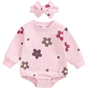 Newborn Baby Girl Clothes Newborn Floral Bubble Romper Long Sleeve Bodysuit Headband Infant Fall Winter Outfit Set