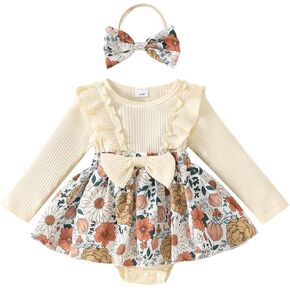 MERSARIPHY Baby Girl Fall Clothes Ruffles Ribbed Knit Romper Dress Jumpsuit Bodysuit Headband Newborn Infant Winter Outfits