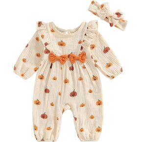 Baby Girl Halloween 2Pcs Outfit Set Pumpkin Ruffle Long Sleeve Jummpsuit+ Bowtie Headband Romper Clothes