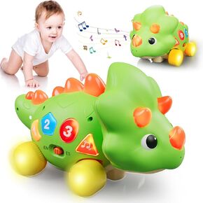Baby Musical Dinosaur Crawling Walking Toy for 1 Year Old Boys Girls, Bilingual Educational Musical Light Infant Toys 6-12 12-18 Months, Baby Tummy Time Learning Toys, Newborn 1 Year Old Birthday Gift