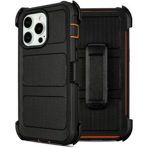 Defender for iPhone 15 Pro Max Case with Clip Holster,Heavy Duty Rugged Full-Body,2 Layers of Sturdy,Anti-Drop,Military-Grade Defender Cover for iPhone 15 Pro Max Phone Case (Black & Orange)
