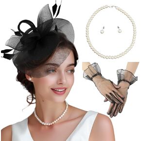 MS.ING Fascinator Hats for Women Tea Party Hats and Gloves Pearl Jewelry Set Kentucky Derby Hat for Cocktail Wedding