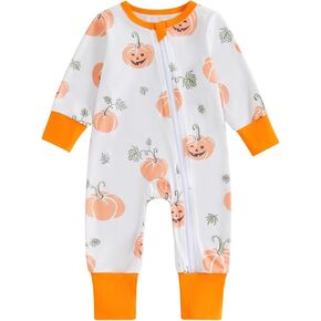 Baby Boys Girls Halloween Clothes Newborn Ghost Long Sleeve Romper Toddler Pumpkin Print Jumpsuit Outfits 0-12M