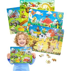 Wooden Puzzles for Kids Ages 4-8 Year Old, 4 Packs 60 Pieces Jigsaw Puzzle for Toddler Children 3 4 5 6 7 8 Learning Educational Puzzles Toys for Boys and Girls Animal, Farm, Vehicle, Insect