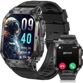 ساعة ذكية (الرد/إجراء المكالمات)، شاشة AMOLED مقاس 1.96 بوصة مع أكثر من 110 أوضاع رياضية لتتبع اللياقة البدنية للرجال، ساعة ذكية عسكرية متينة مقاومة للماء IP68 مع اتصال بلوتوث لنظام Android iOS