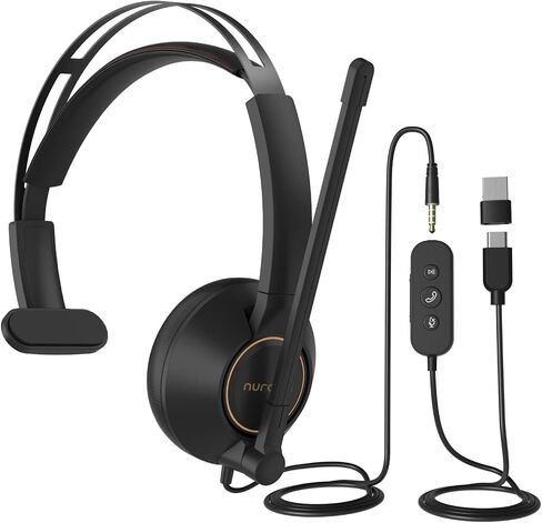 سماعة رأس USB من نوروم HP11SU مع ميكروفون للكمبيوتر الشخصي، سماعات رأس أحادية الأذن مع ميكروفون ENC Boom، سماعة كمبيوتر سلكية مع تحكم مضمن، USB A/Type-C/3.5 مم للعمل/المكتب المنزلي/تكبير مركز الاتصال/الفرق in Saudi Arabia