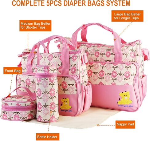 Diaper Bag Tote Set,5PCS Diaper Bags for Baby Girl Travel Diaper Tote Multifunctional Diaper Changing Bags in Saudi Arabia