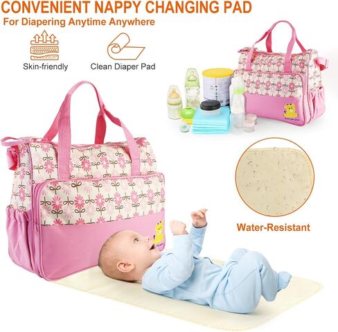 Diaper Bag Tote Set,5PCS Diaper Bags for Baby Girl Travel Diaper Tote Multifunctional Diaper Changing Bags in Saudi Arabia