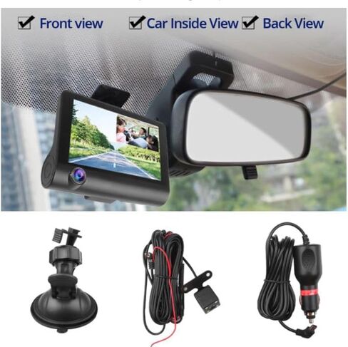 ULTRENDS 1080P كاميرا DVR ثلاثية الاتجاهات للسيارة مع بطاقة SD سعة 32 جيجابايت، كاميرا داش كام 4 بوصة للسيارات مع عدسة مزدوجة HD DVR رؤية خلفية وأمامية 1080P، 720P داخل المقصورة وكاميرا لوحة القيادة الخلفية مستشعر G 170 درجة in Saudi Arabia