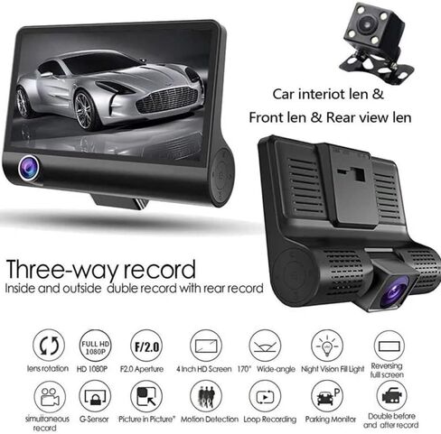 ULTRENDS 1080P كاميرا DVR ثلاثية الاتجاهات للسيارة مع بطاقة SD سعة 32 جيجابايت، كاميرا داش كام 4 بوصة للسيارات مع عدسة مزدوجة HD DVR رؤية خلفية وأمامية 1080P، 720P داخل المقصورة وكاميرا لوحة القيادة الخلفية مستشعر G 170 درجة in Saudi Arabia