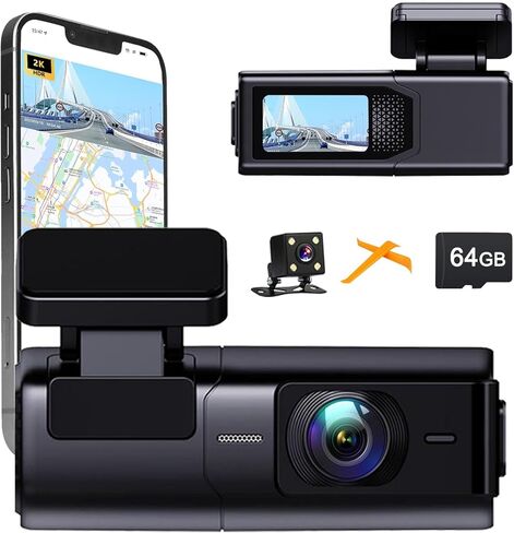 Dash Cam Front and Rear Wireless, Dual Lens 2K + 1080P Dashboard Camera for Car Truck, WiFi Mini Dashcam with 64gb TF Card, Super Night Vision,App Control,Loop Recording,24 Hours Parking Monitor in Saudi Arabia